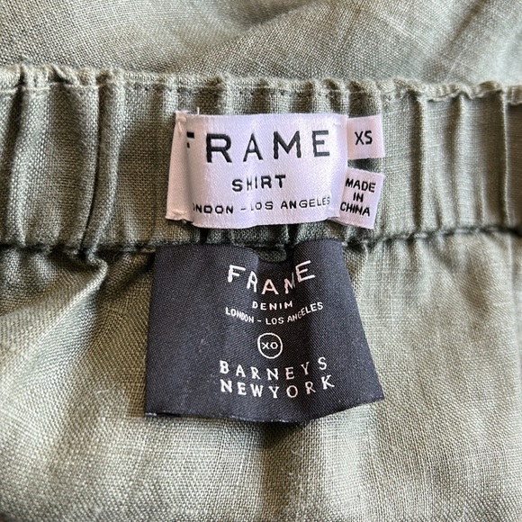 FRAME DENIM Linen Off the Shoulder Dress Olive Green Tie Waist Sz XS - Picture 10 of 12